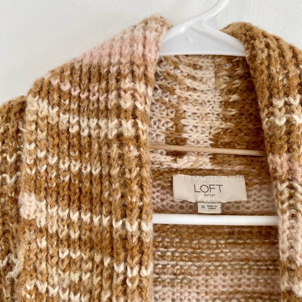 LOFT Tan/ Camel & Pink Knit Open Front Cardigan - Picture 2 of 4